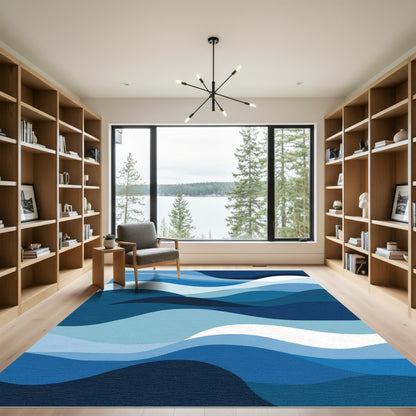 Abstract Deep Blue Wavy Layers Rug