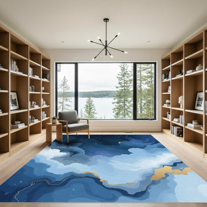 Deep Blue Gold Swirl Cloudscape Rug