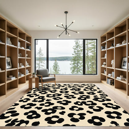 Chic Black Floral Cream Background Rug