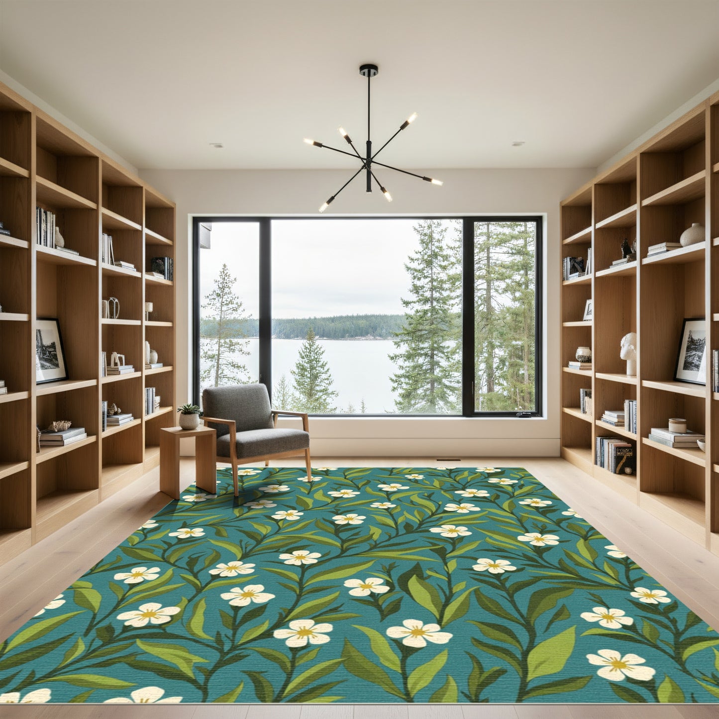 Teal Botanical White Flower Vine Rug