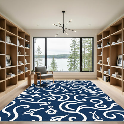 Deep Blue Whimsical Aquatic Swirls Rug