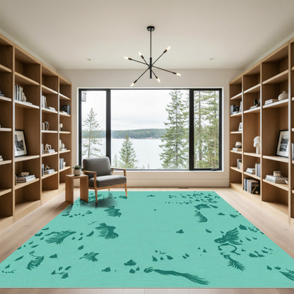 Teal Flying Creatures Scattered Landscape Rug