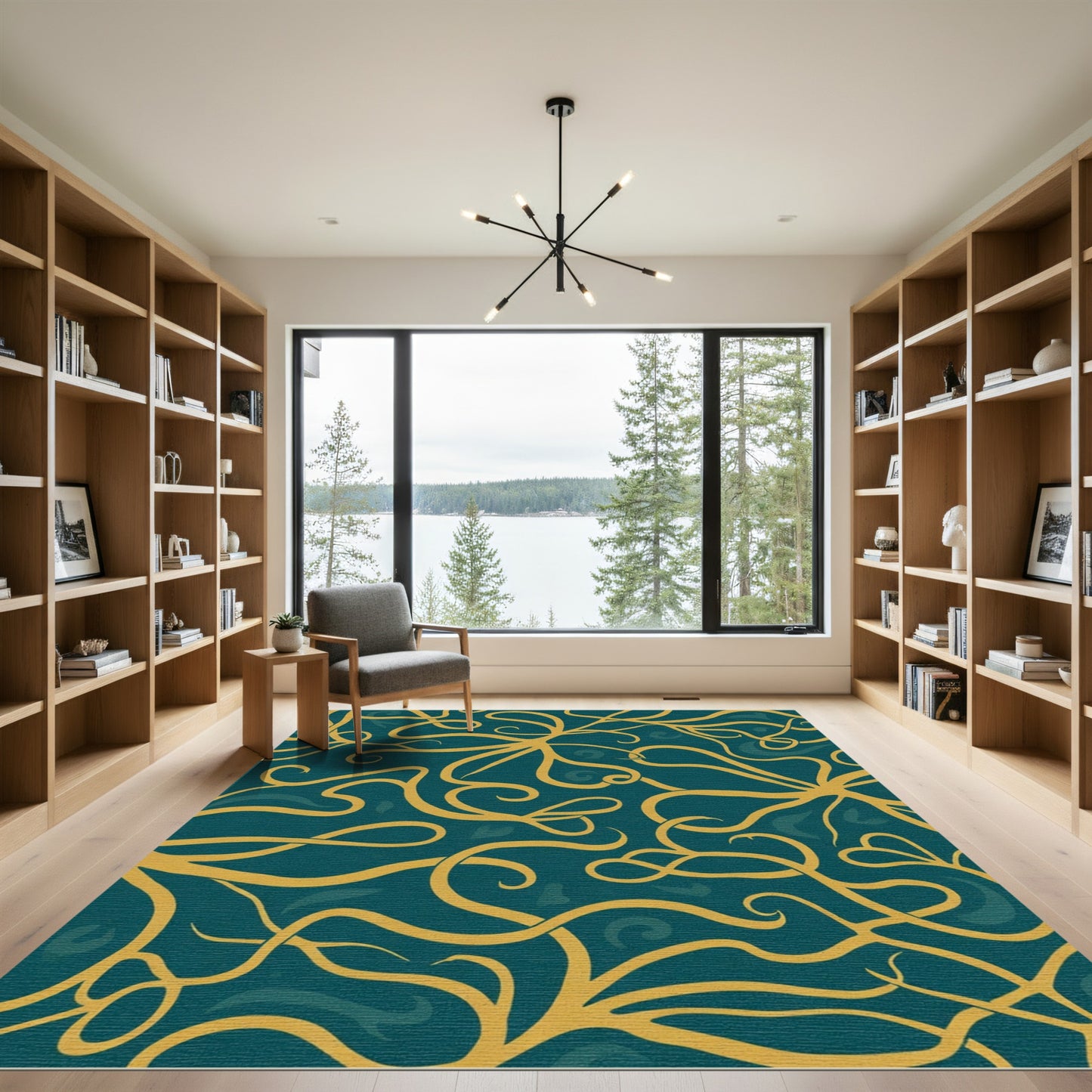 Golden Swirls Teal Abstract Rug