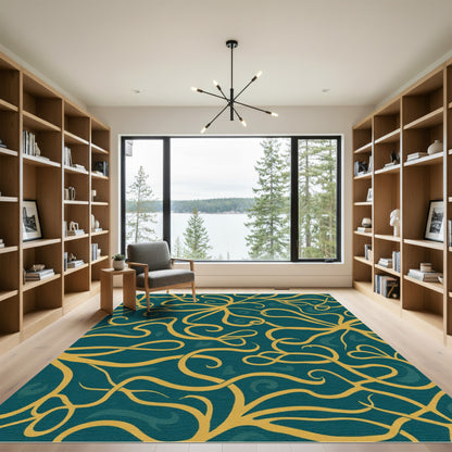 Golden Swirls Teal Abstract Rug
