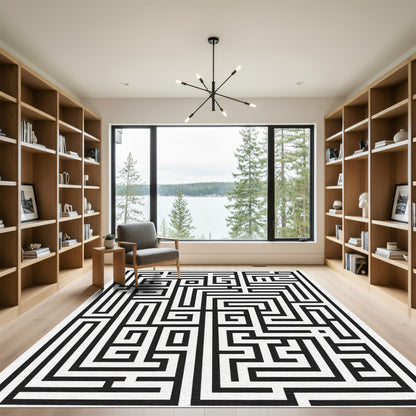 Black White Abstract Maze Lines Rug