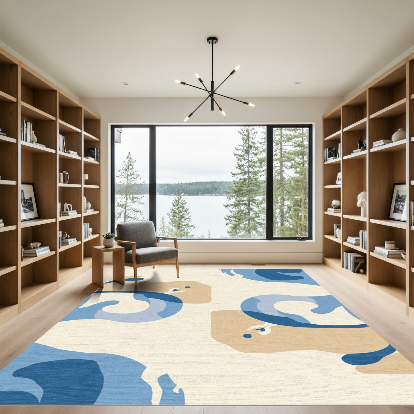 Abstract Blue Tan Wavy Shapes Rug
