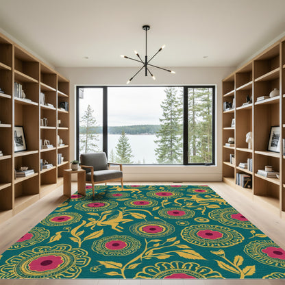 Golden Reindeer Crimson Floral Roundel Rug
