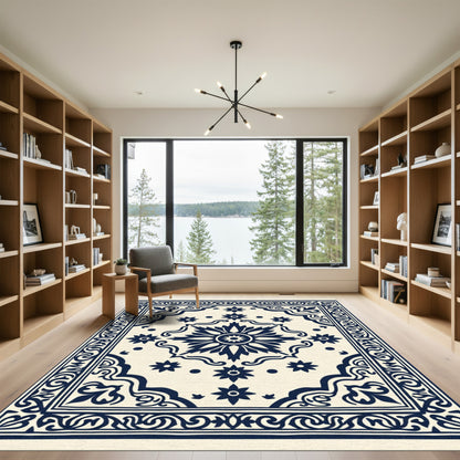 Dark Blue Floral Medallion Cream Rug