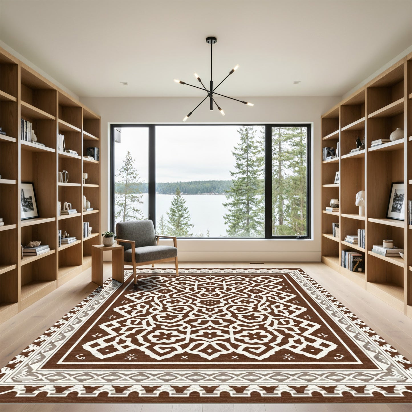 Brown White Intricate Geometric Medallion Rug