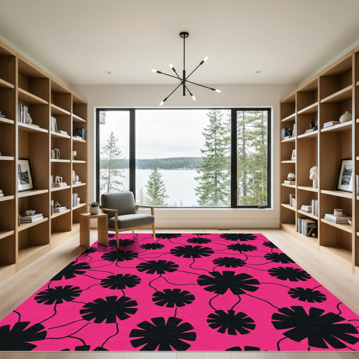 Bold Black Flower Clusters Pink Rug