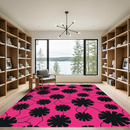 Bold Black Flower Clusters Pink Rug