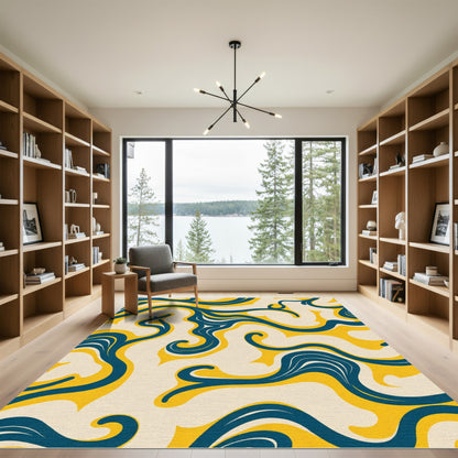 Retro Teal Yellow Swirl Flow Rug