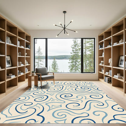 Cream Navy Swirling Abstract Curves Rug
