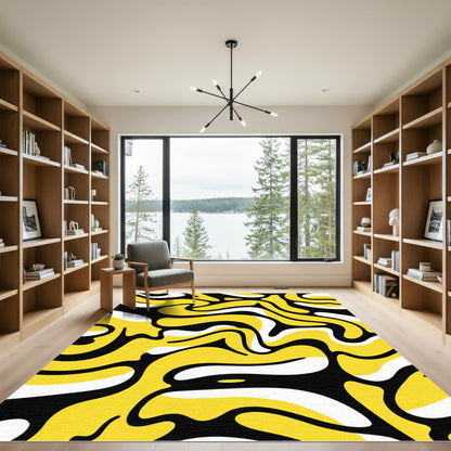 Groovy Yellow White Black Swirl Rug
