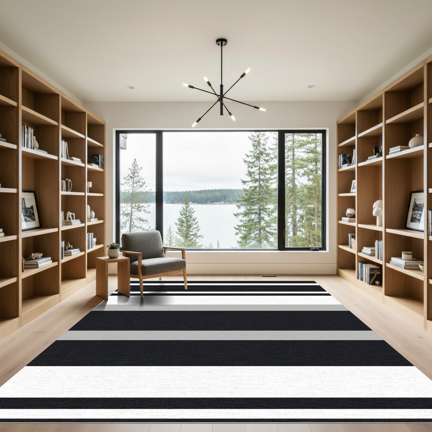 Modern Black White Gray Stripe Rug