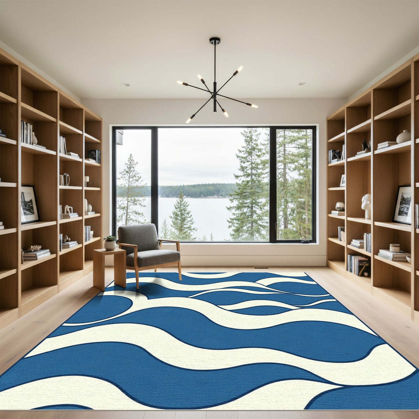 Deep Blue Cream Wavy Abstract Rug