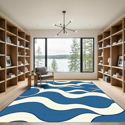 Deep Blue Cream Wavy Abstract Rug