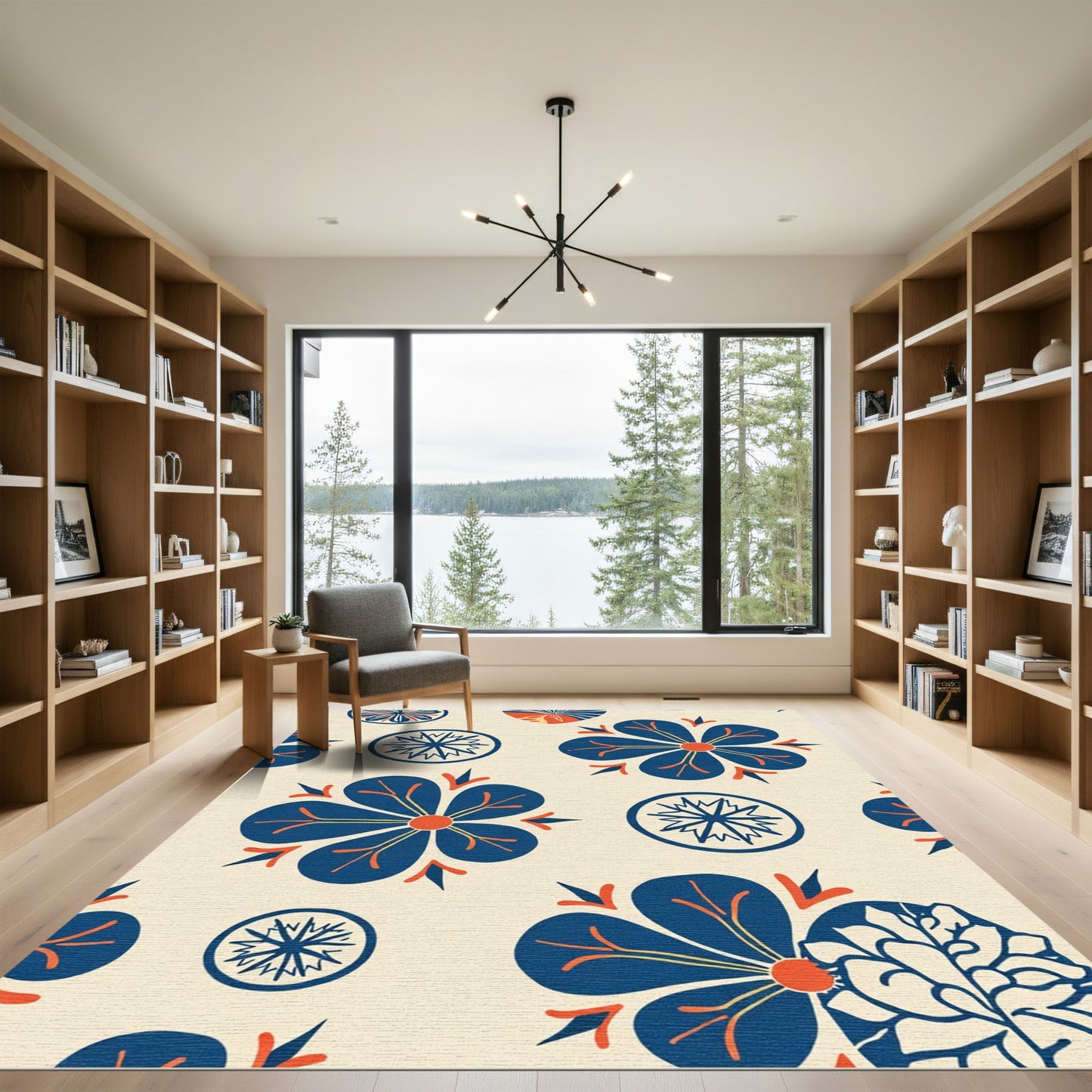Deep Blue Floral Ivory Medallion Rug