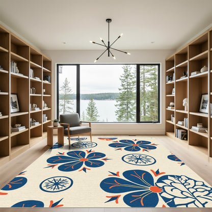 Deep Blue Floral Ivory Medallion Rug