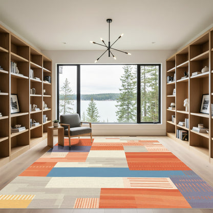 Geometric Terracotta Blue Stripe Block Rug