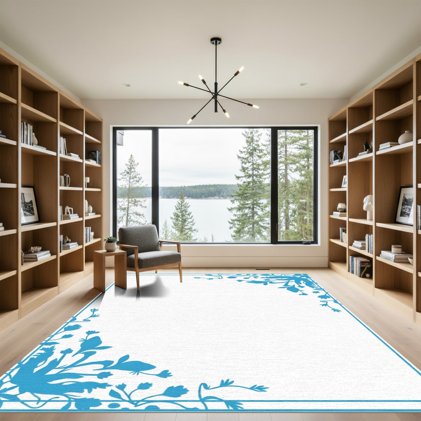 Blue Floral Corner Border Rug