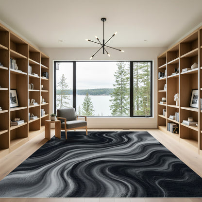 Dark Gray Fluid Swirl Abstract Rug