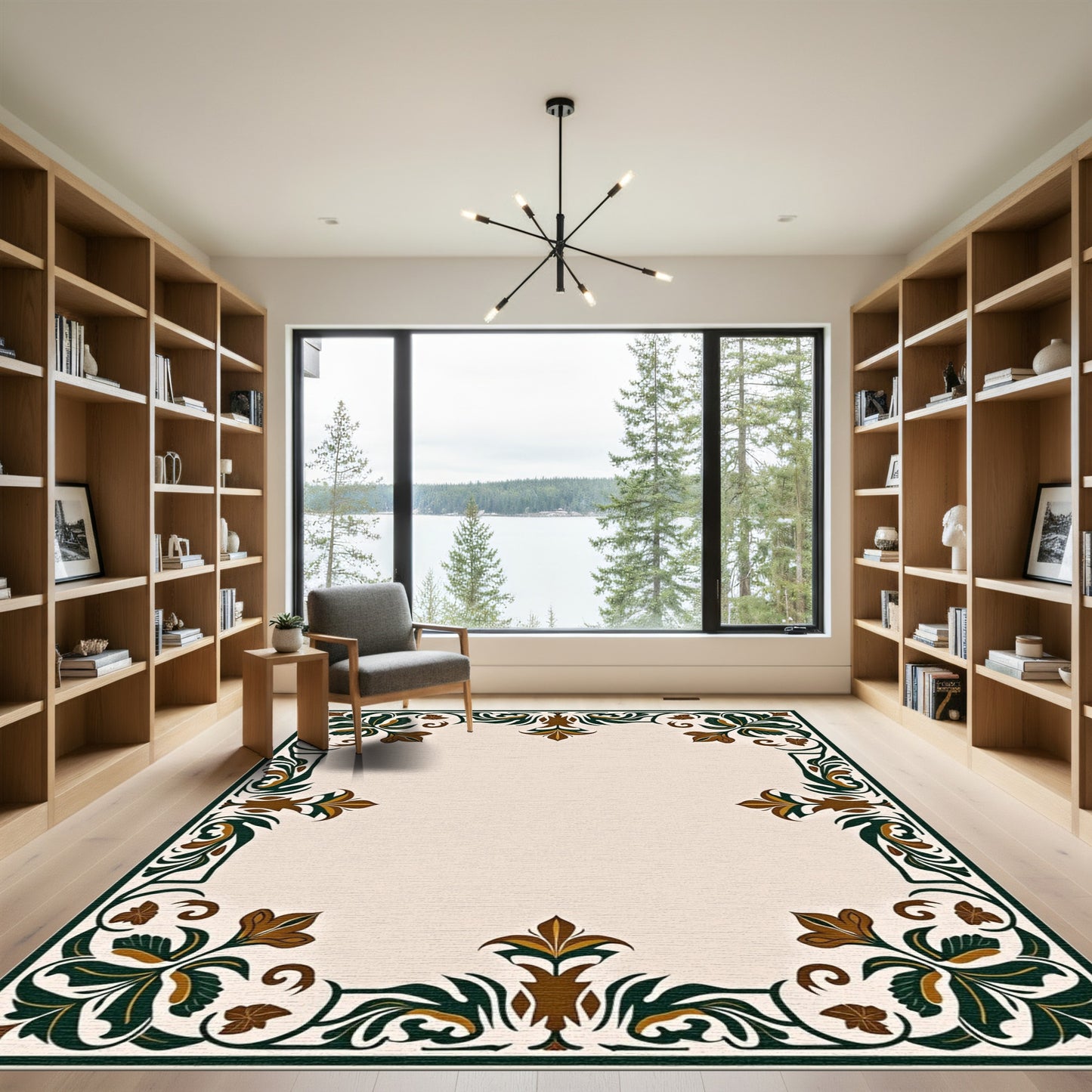 Ornate Emerald Gold Floral Border Rug