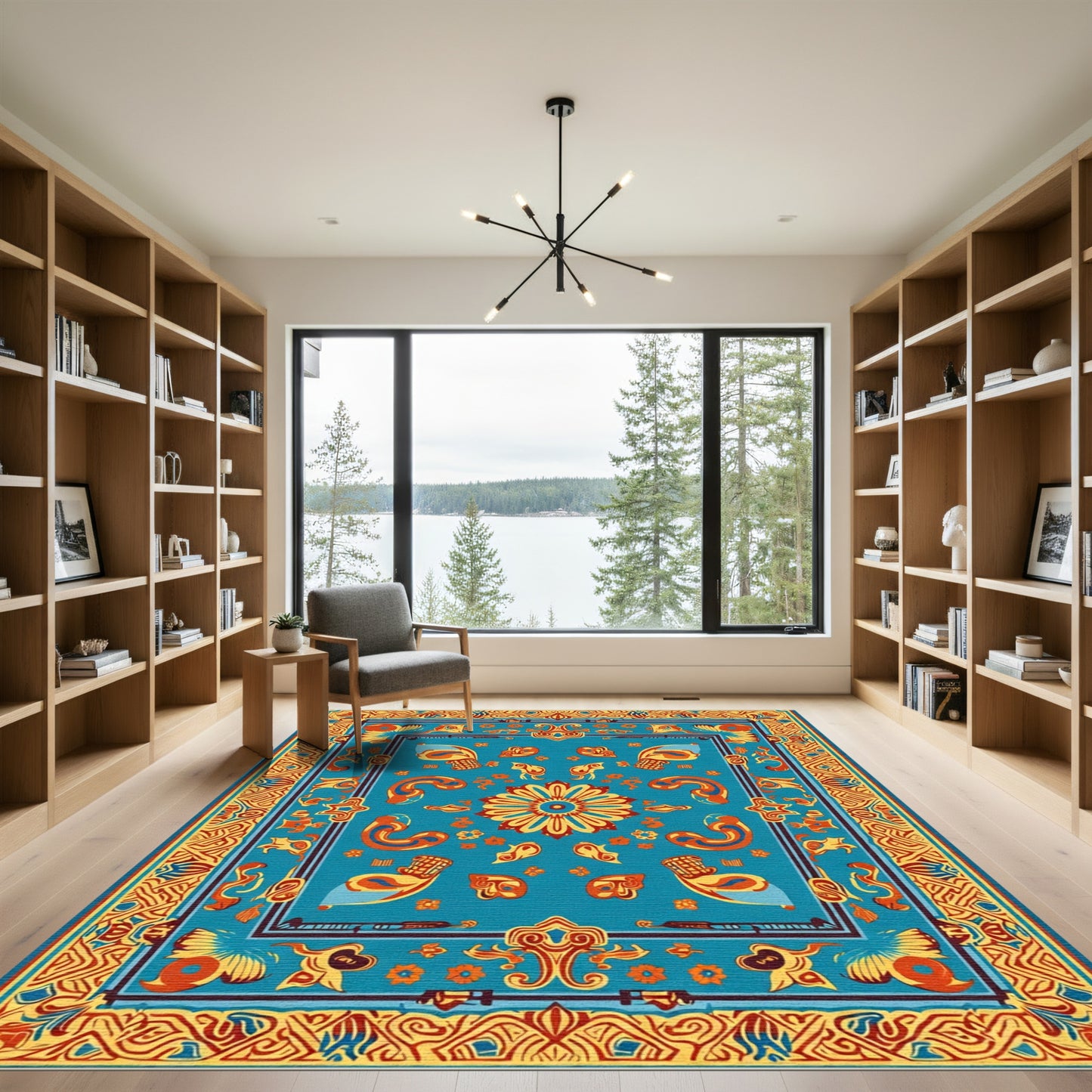 Turquoise Ochre Medallion Bird Border Rug