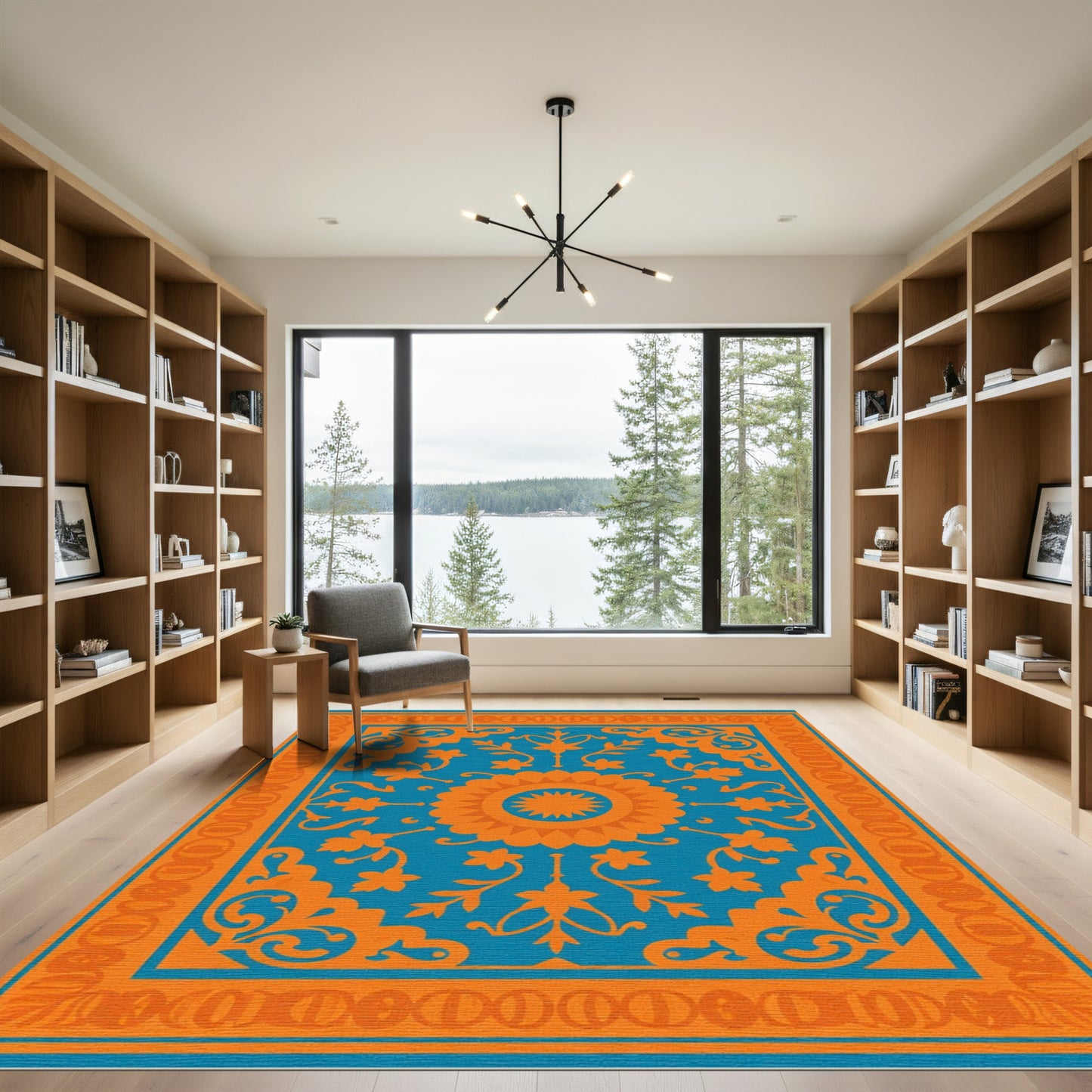 Orange Medallion Blue Scrollwork Rug