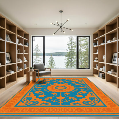 Orange Medallion Blue Scrollwork Rug