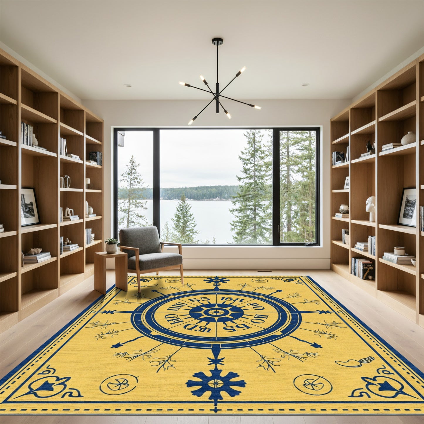 Navy Blue Yellow Compass Motif Rug