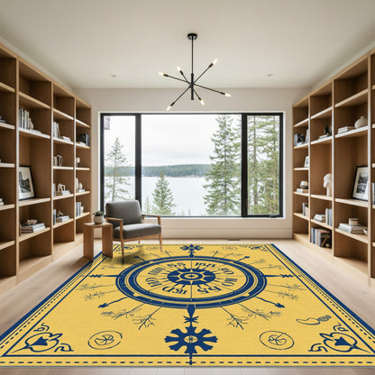 Navy Blue Yellow Compass Motif Rug