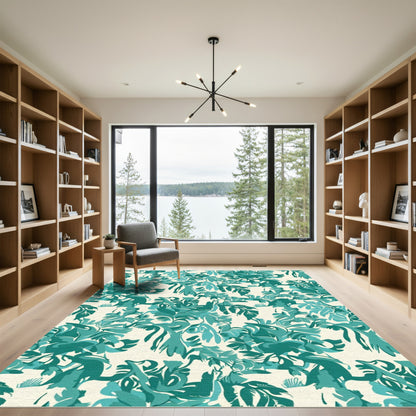 Emerald Teal Abstract Botanical Swirls Rug