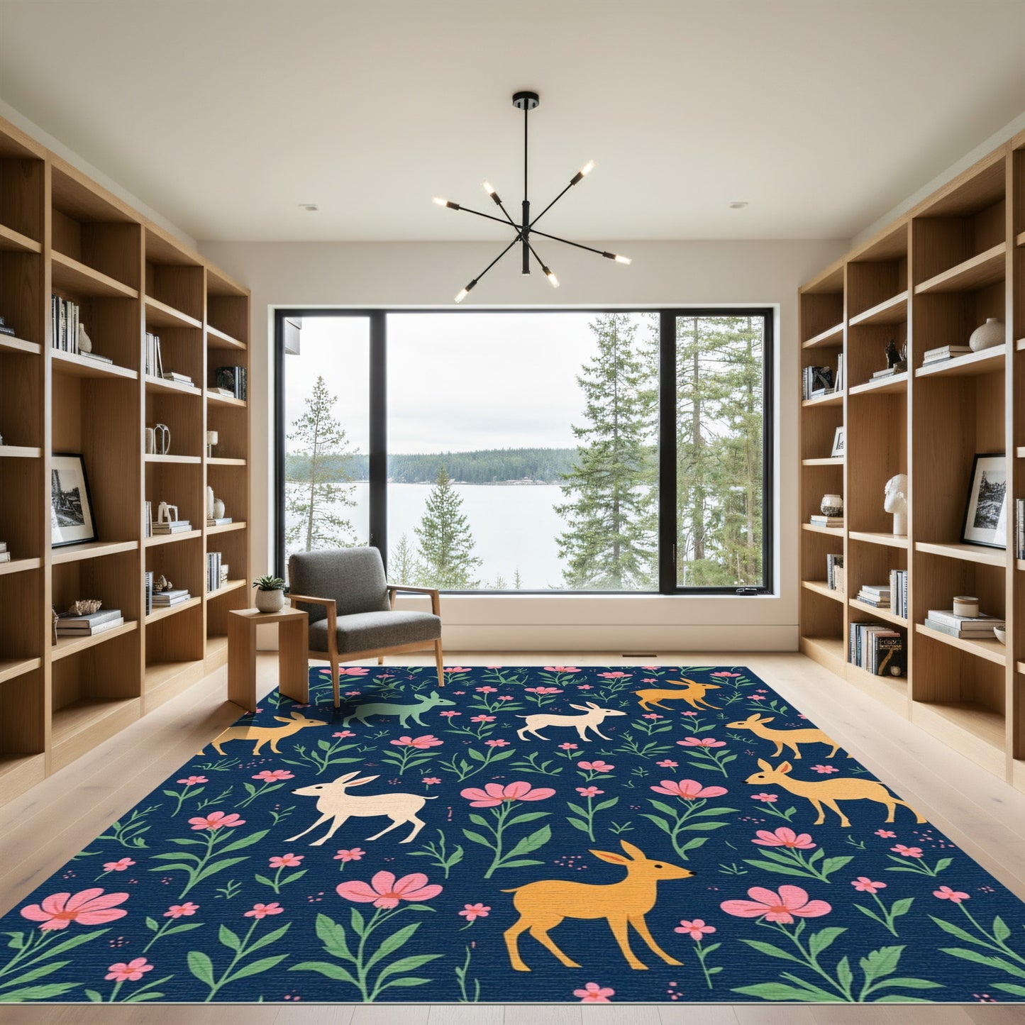 Whimsical Deer Pink Floral Navy Woodland Rug