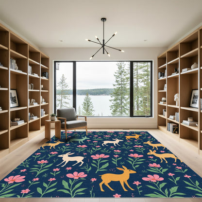 Whimsical Deer Pink Floral Navy Woodland Rug