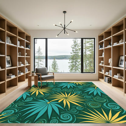 Tropical Teal Yellow Starburst Fern Rug