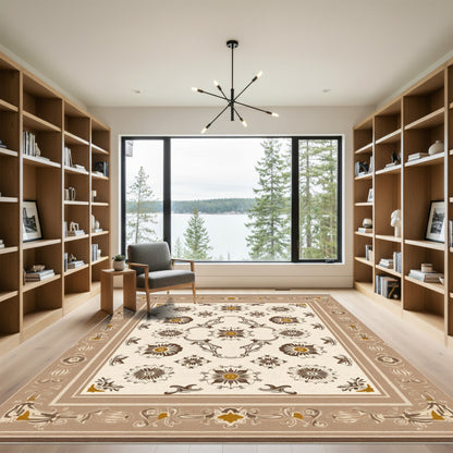 Brown Beige Floral Medallion Scrollwork Rug