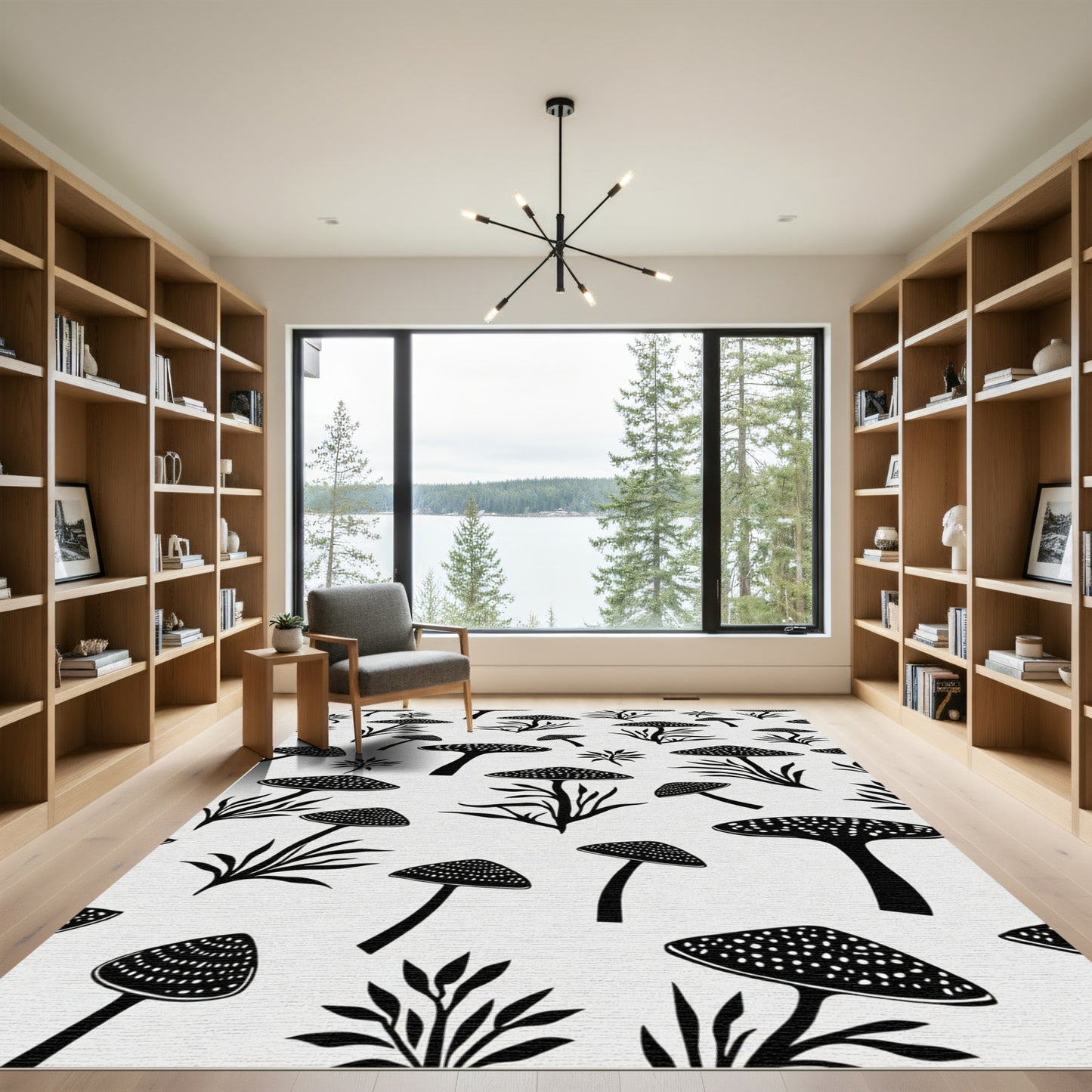 Whimsical Black Mushroom Botanical Spore Rug