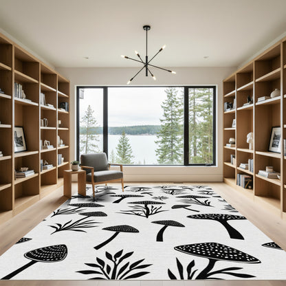 Whimsical Black Mushroom Botanical Spore Rug