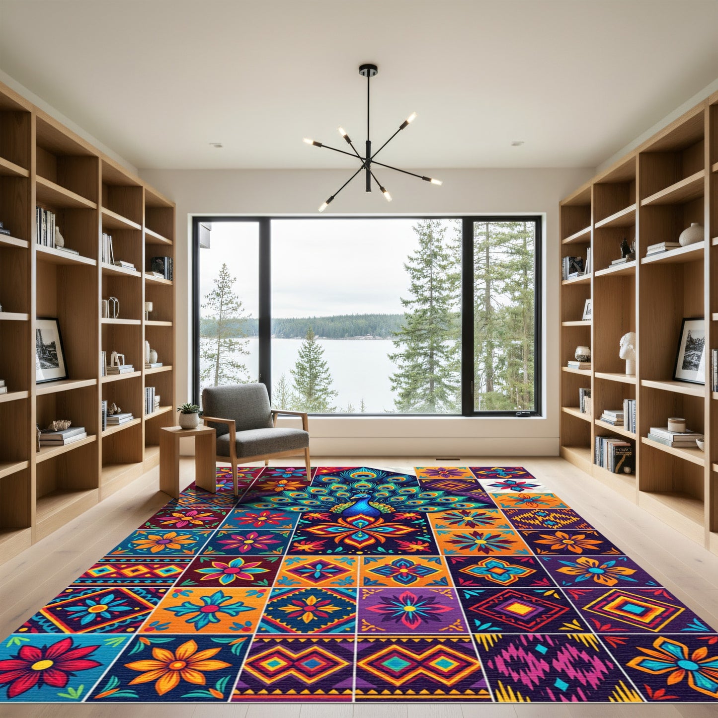 Vibrant Peacock Exotic Tile Composition Rug