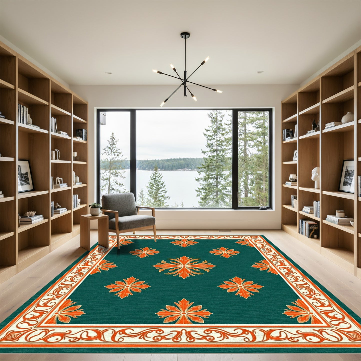 Ornate Green Orange Floral Medallion Rug