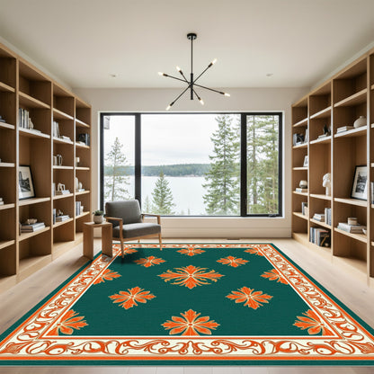 Ornate Green Orange Floral Medallion Rug