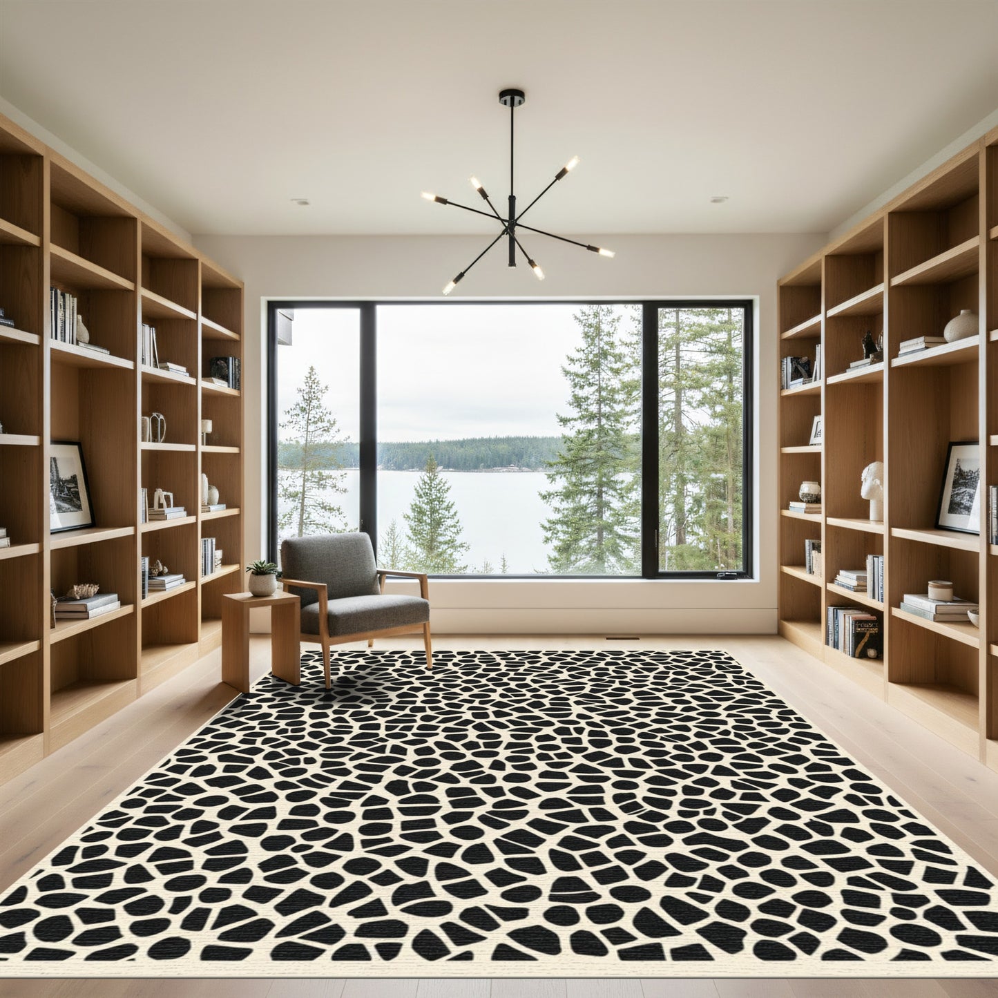 Cream and Black Organic Mosaic Rug