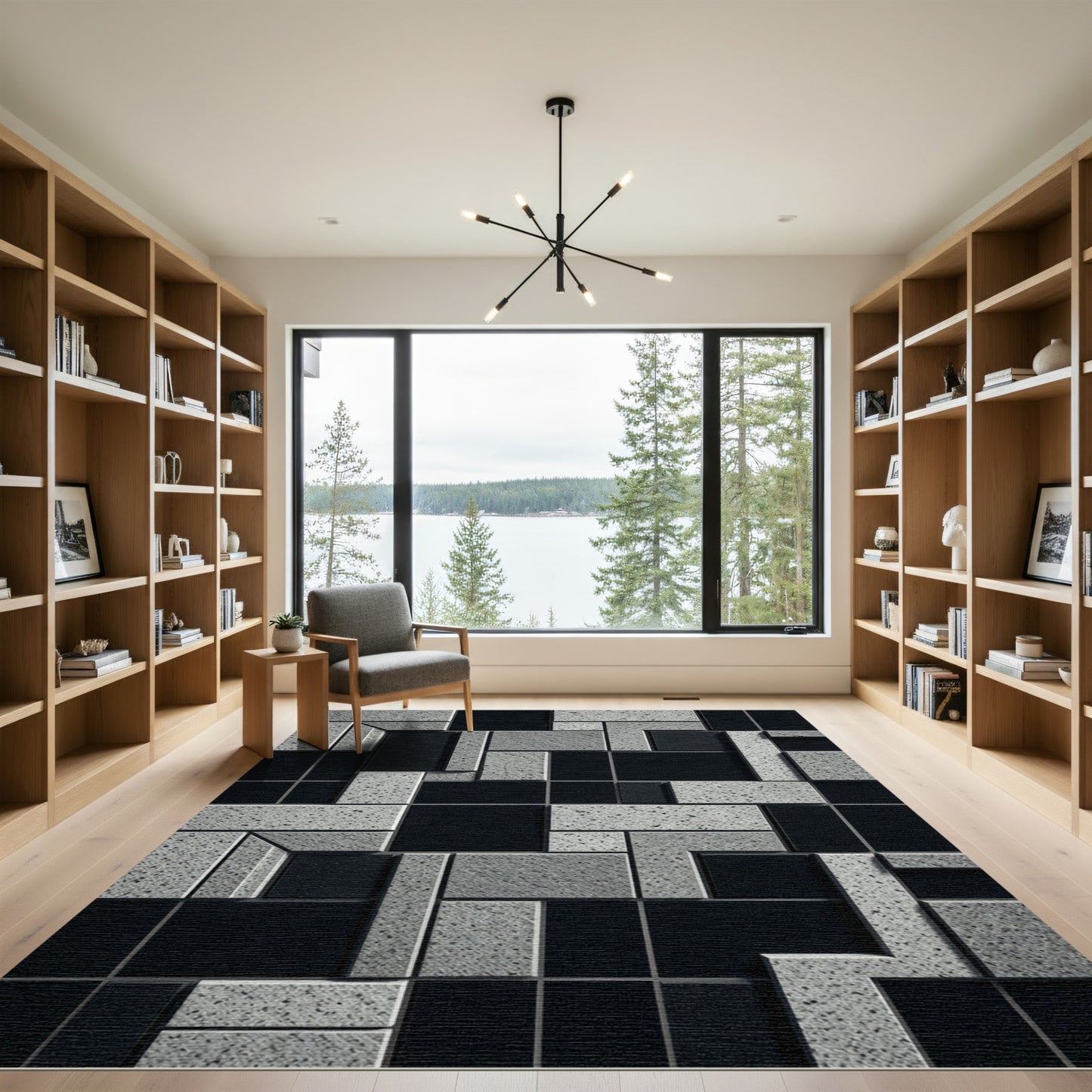 Monochrome Geometric Block Arrangement Rug