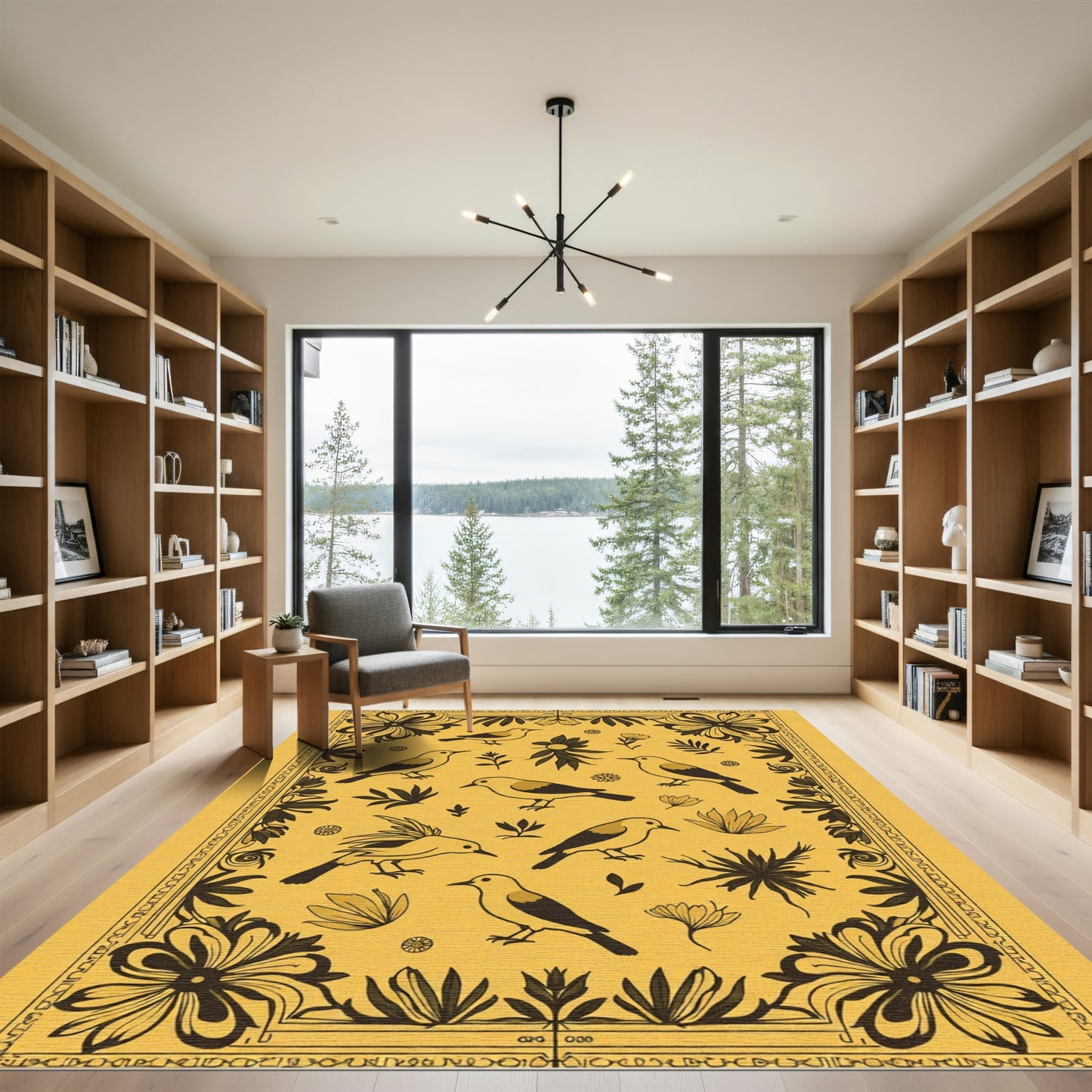 Golden Yellow Bird Floral Whimsical Art Rug