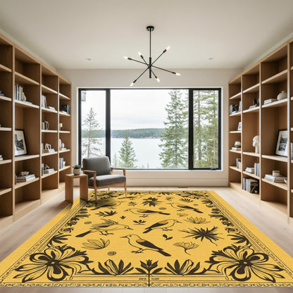 Golden Yellow Bird Floral Whimsical Art Rug