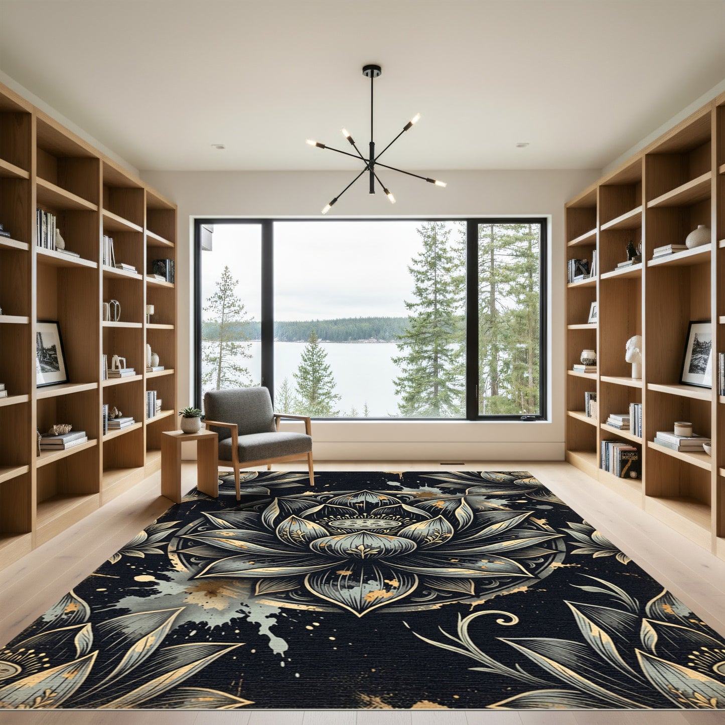 Black Lotus Mandala Metallic Splatter Rug