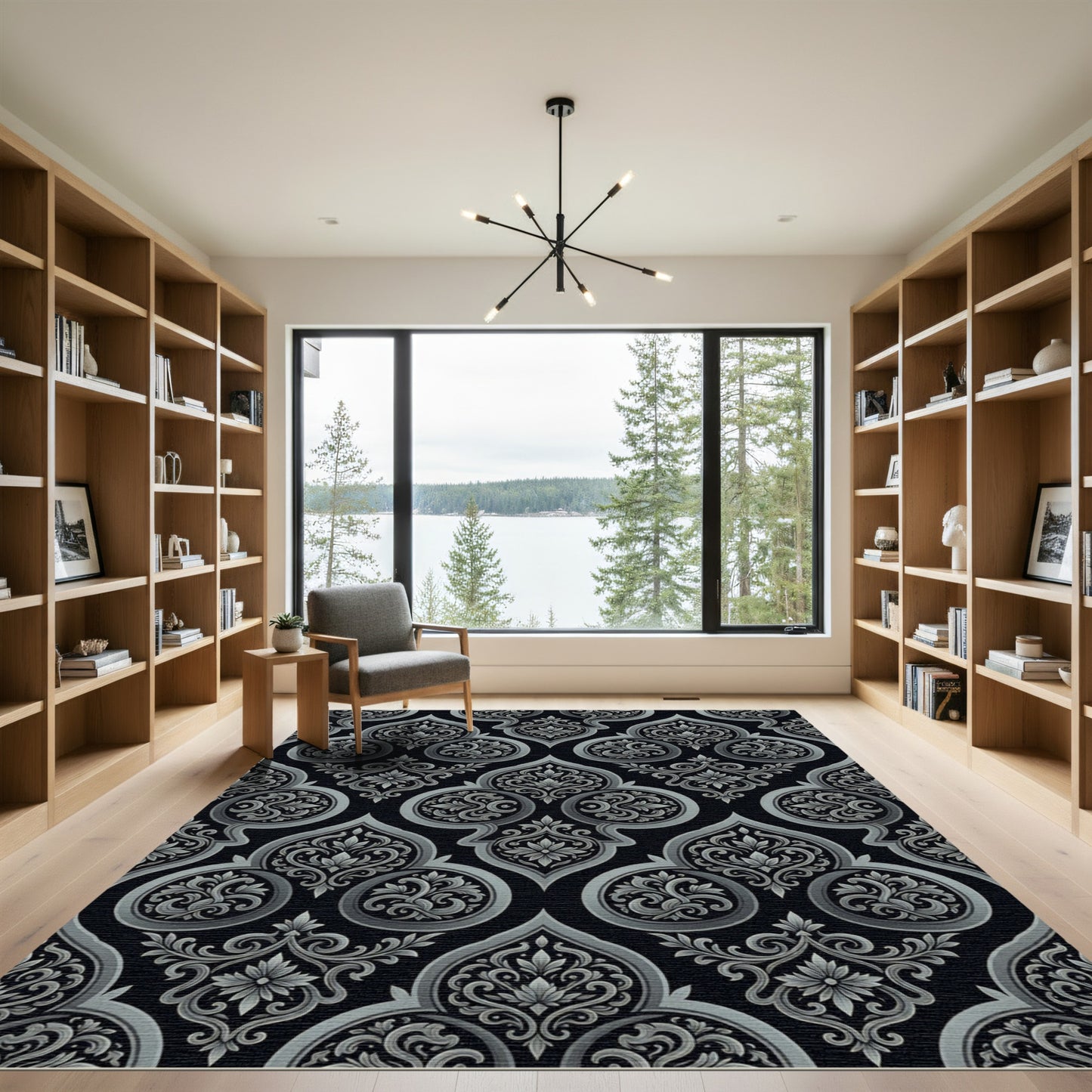 Black Silver Ornate Damask Scroll Rug