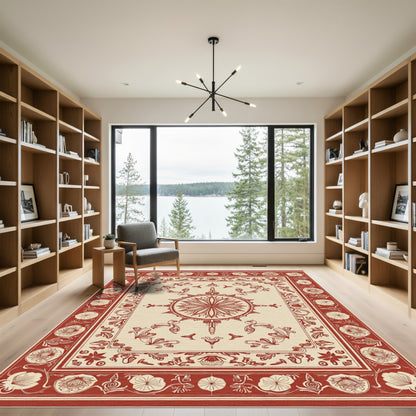 Crimson Floral Centerpiece Border Rug