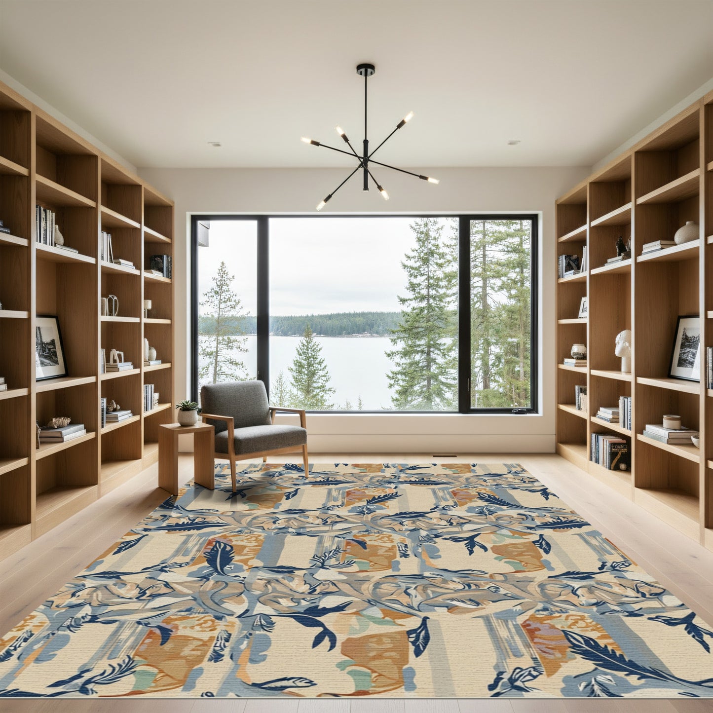 Abstract Tan Blue Floral Swirl Rug